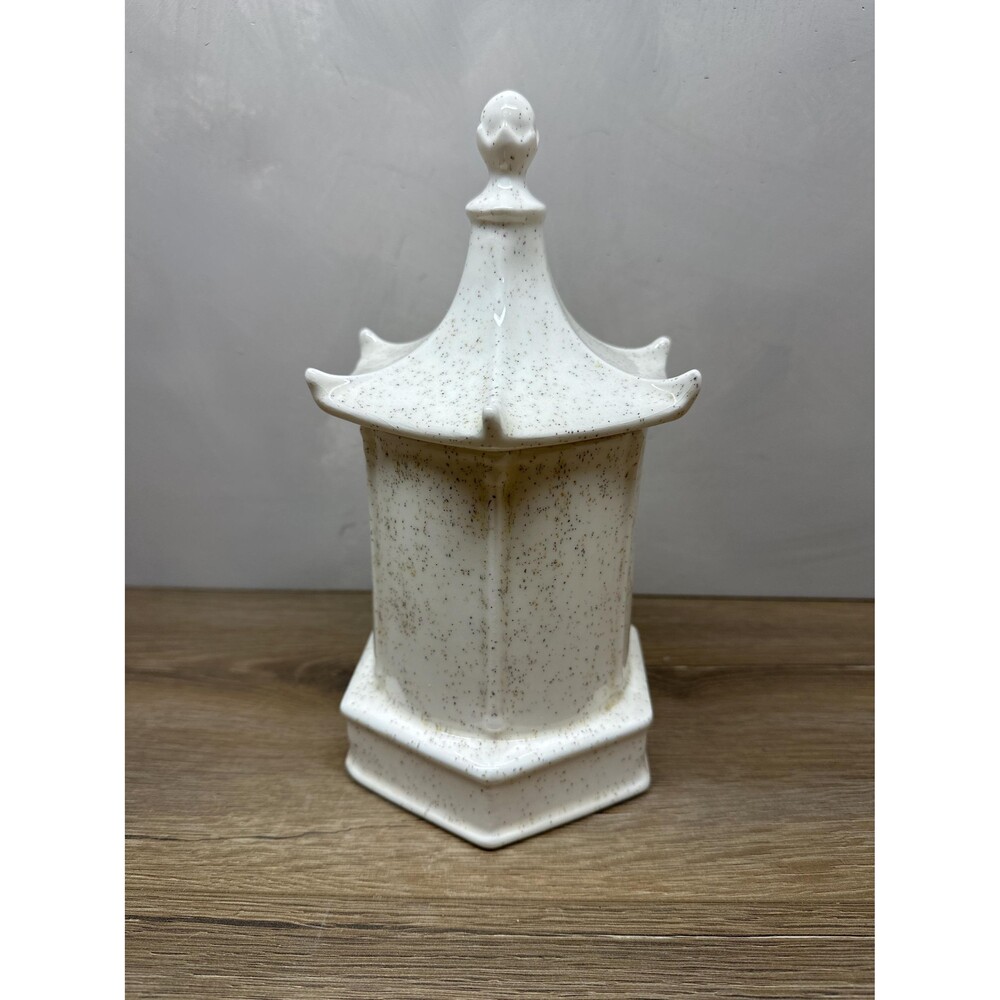 Vtg Ceramic Handmade Pagoda Chinoiserie Lidded Treat Cookie Jar Cream Speckled 9